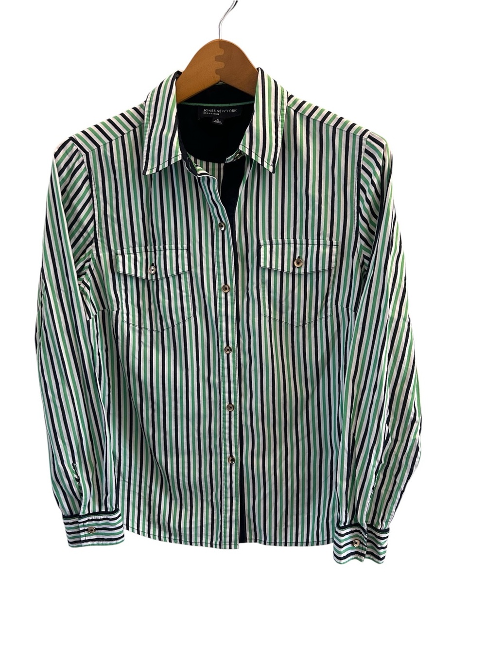Jones New York Signature Navy, Green & White Striped Cotton Button Down Shirt M